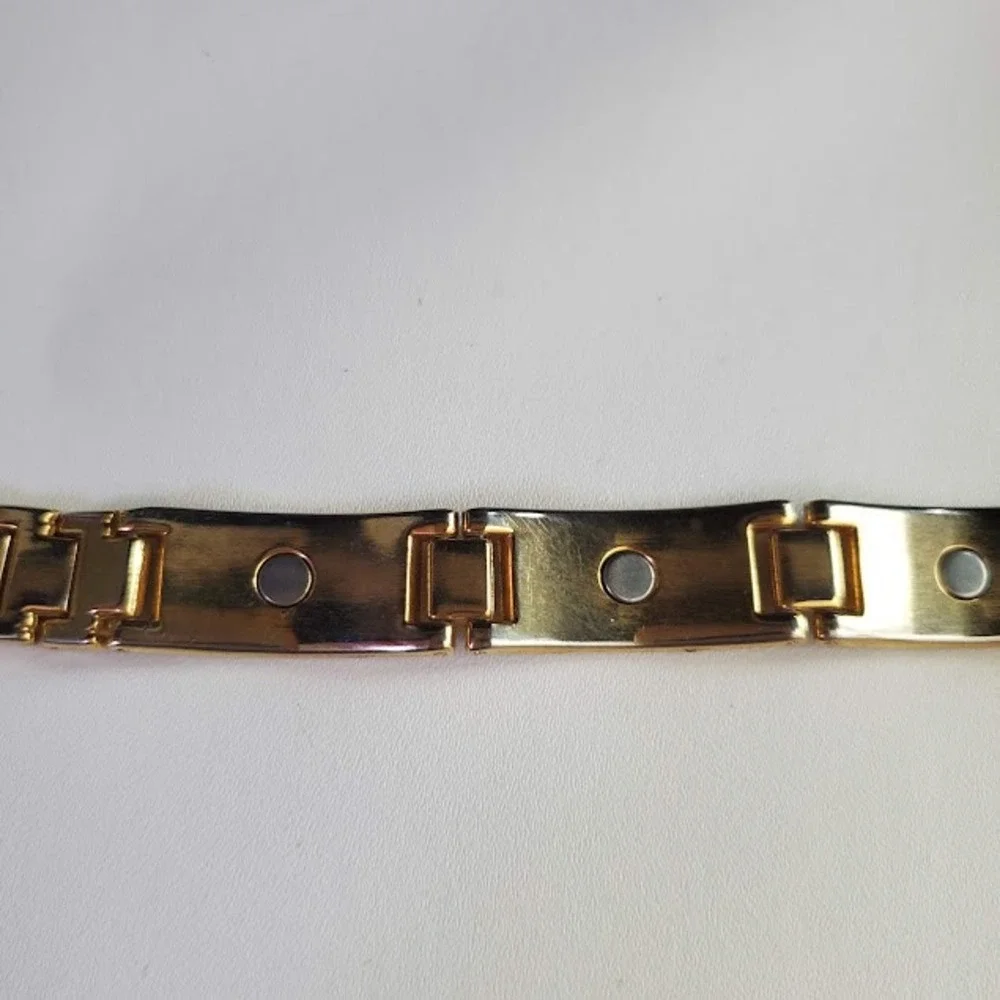 Gold Tone Two-Tone Link Bracelet Silver Inlay Magnetic Therapy Style 7.5